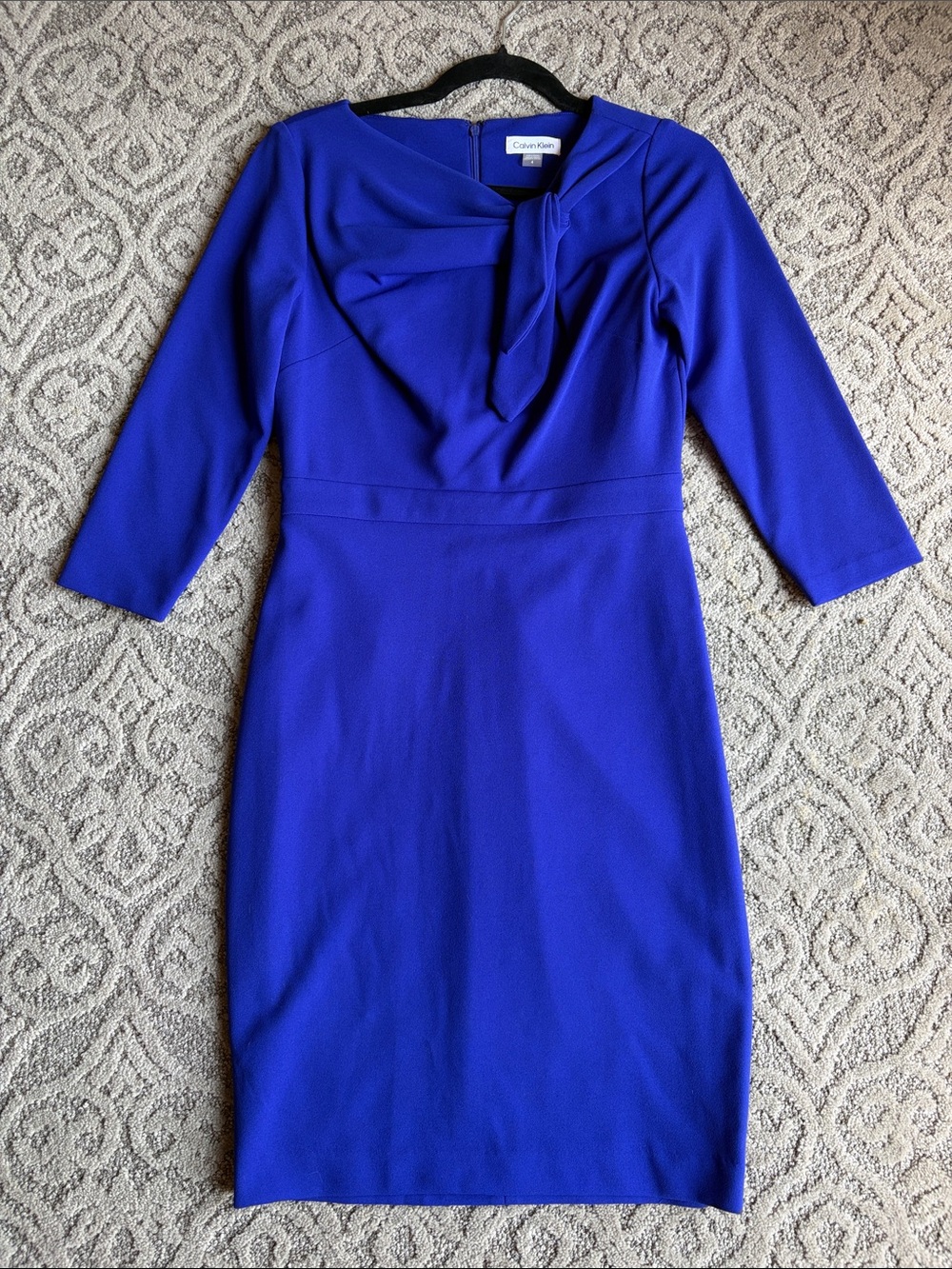 Calvin Klein Cobalt Blue Long Sleeve Sheath Dress with Neck Tie
